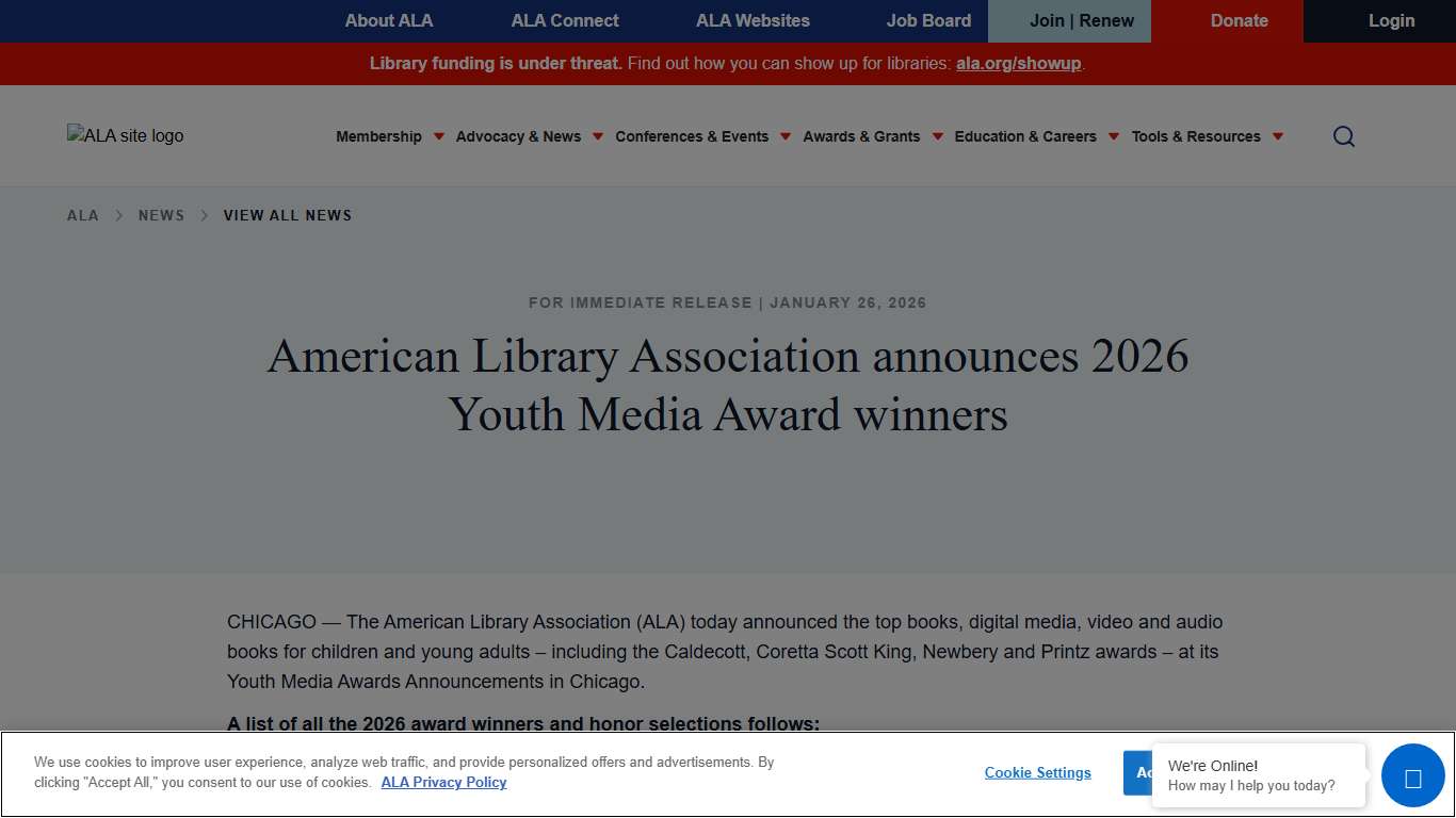 American Library Association announces 2026 Youth Media Award winners ALA